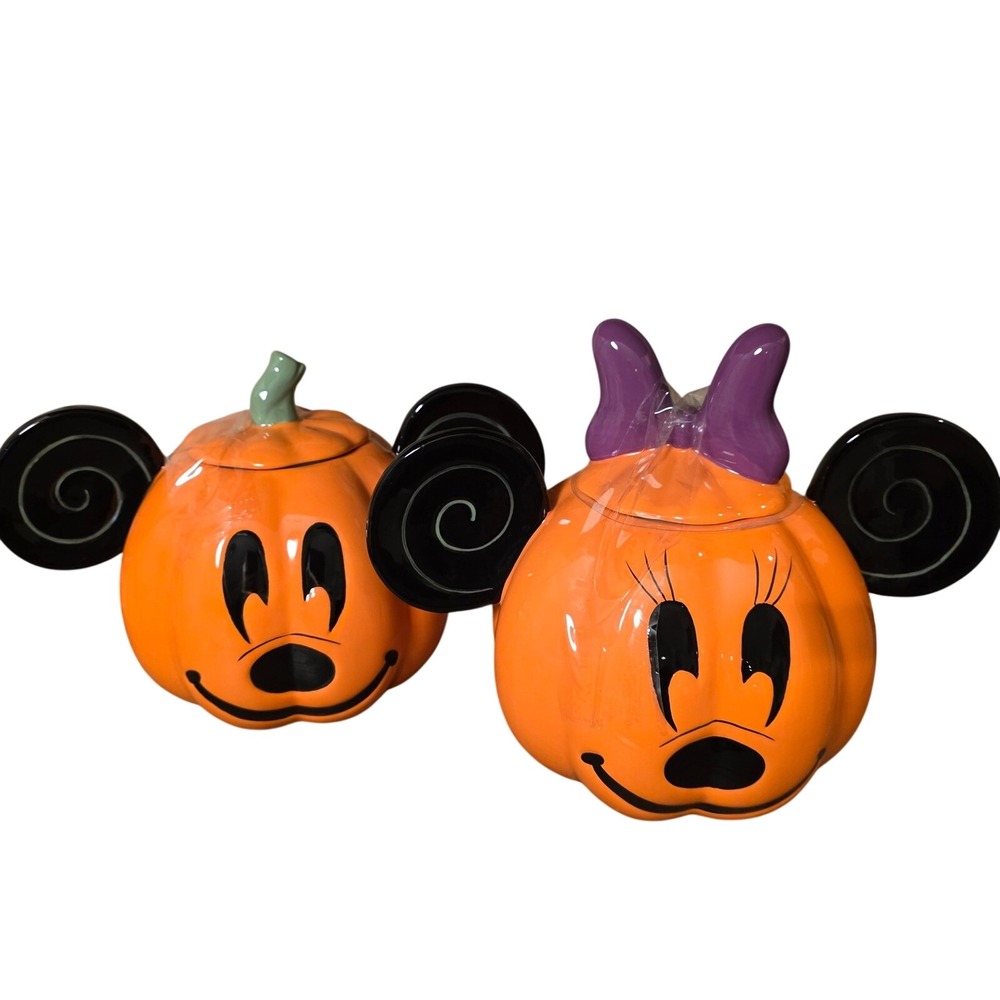 Disney Halloween Mickey & Minnie Mouse Pumpkin Ceramic Jar Cookie Jar Set